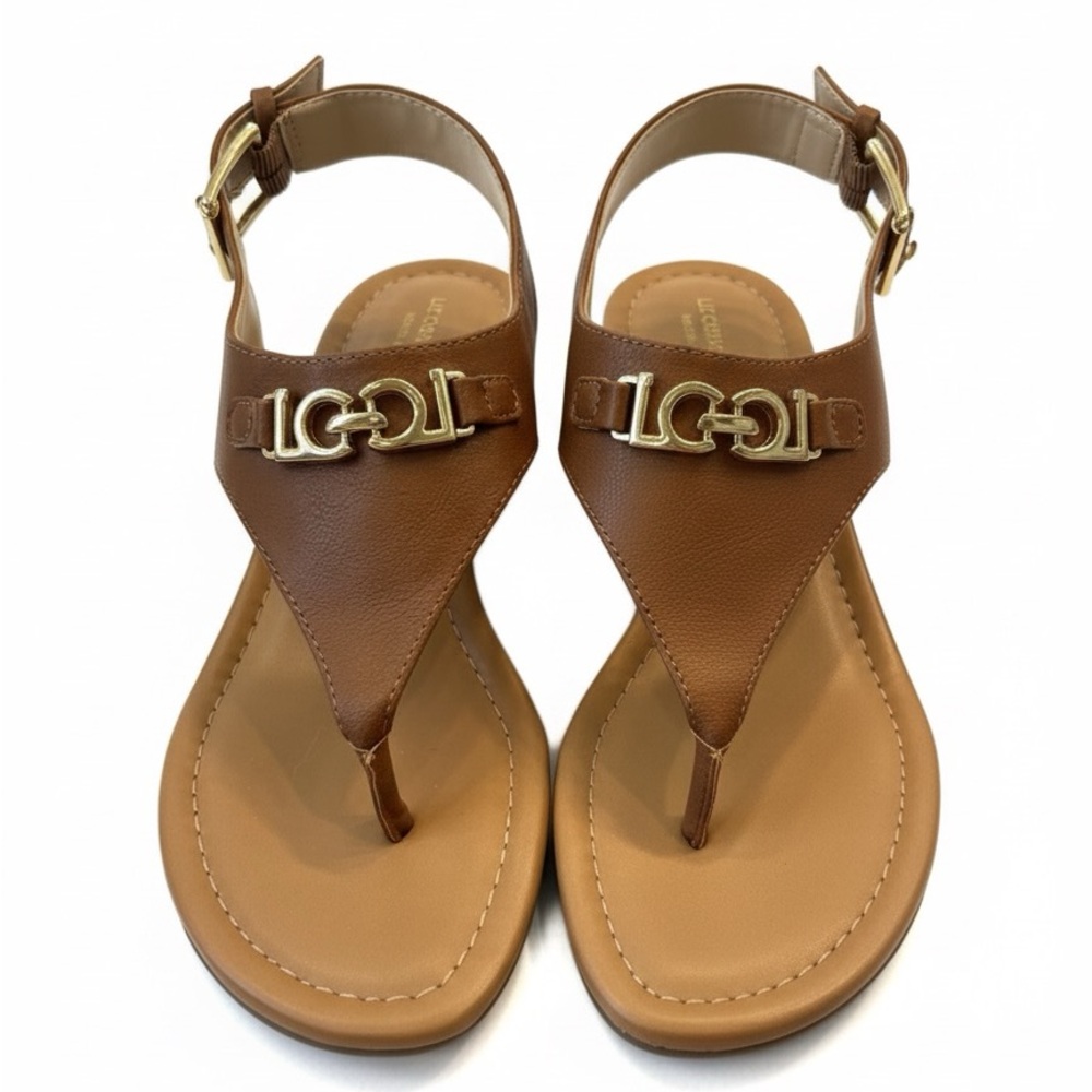 Liz Claiborne Tan Faux Leather Sandals Gold Accents Sz 7 Memory Foam Wedge heal